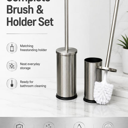Stainless Steel Toilet Brush & Holder Set Pack of 2 Long Handle Bathroom WC Cleaning Brush Freestanding Silver