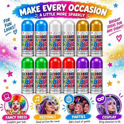 Pack of 12 Temporary Hair Colour Spray 200ml Washable Glitter Classic for Special Occasion Fancy Dress Up Hairspray Can for Parties Festivals Halloween - Haircare
