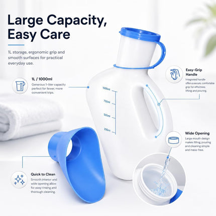 Unisex Urinal Bottle 1L with Lid & Funnel – Reusable Male & Female Urine Container for Elderly Patients, Bedside, Hospital, Travel, Camping & Car Emergency Use