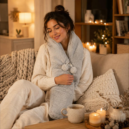 Hot Water Bottle with Soft Fleece Extra Long 2.2L Cover Body Pain Relief for Back, Neck, Shoulders & Legs  Light Grey