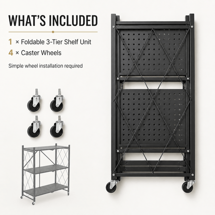 3 Tier Folding Storage Shelf Rack with Wheels, Freestanding Black Metal Shelving Unit, Foldable Mobile Organiser for Kitchen, Living Room, Bedroom, Office and Utility Room, Medium Size