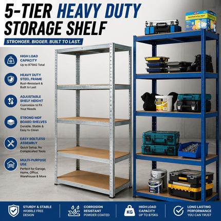 5-Tier Garage Heavy Duty Storage Shelving Unit – Galvanized Steel Metal Rack for Garage, Warehouse, Workshop & Home Storage