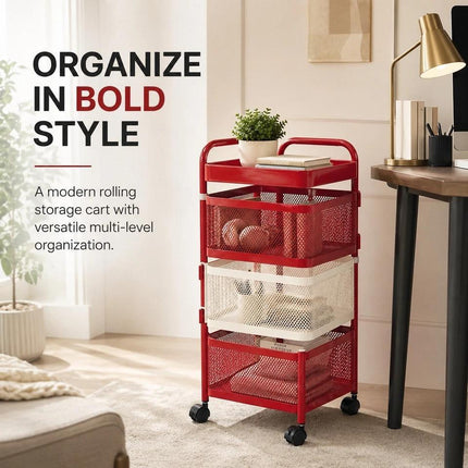 4 Tier Rotating Storage Trolley Rack, Carbon Steel Organiser Cart, Red & White