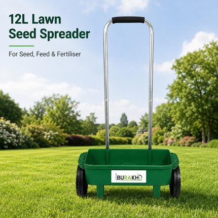 12L Lawn Seed Spreader Wheeled Push Garden Grass Seeder Fertiliser Lawn Feed Rotary Spreader with 110cm Handle for Garden Lawn Care