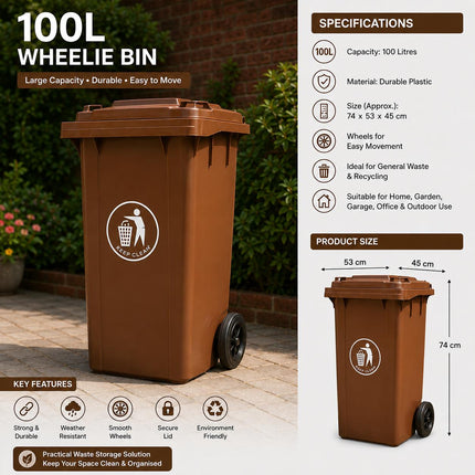 100L Wheelie Bin with Wheels | Large Outdoor Rubbish Bin for Home Garden Garage | Waste Storage Solution