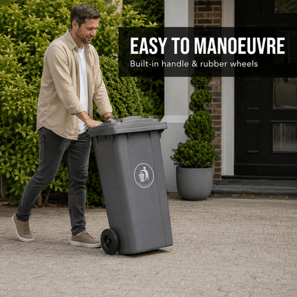100L Grey Wheelie Bin with Lid, Rubber Wheels & Push Handle, Heavy Duty HDPE Wheeled Rubbish Bin for Home, Garden, Garage & Workplace, 74 × 53 × 45 cm