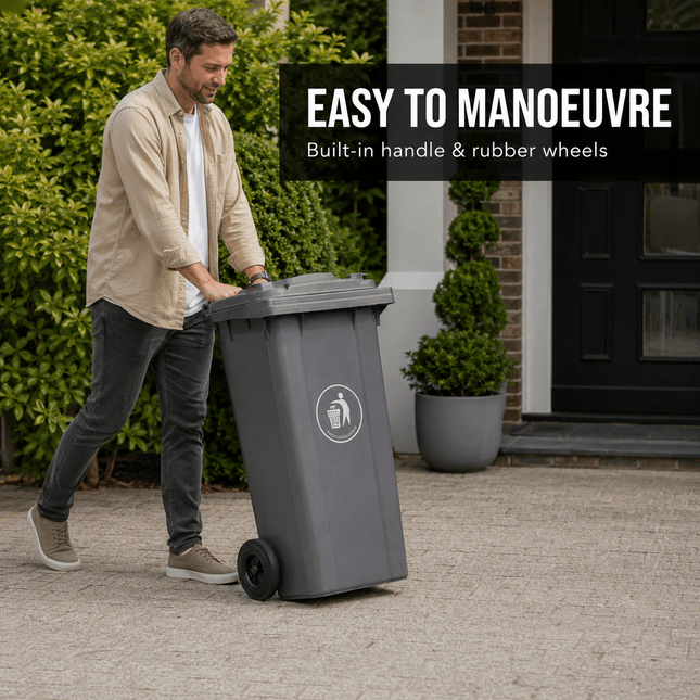 100L Grey Wheelie Bin with Lid, Rubber Wheels & Push Handle, Heavy Duty HDPE Wheeled Rubbish Bin for Home, Garden, Garage & Workplace, 74 × 53 × 45 cm