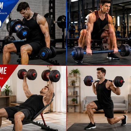 Adjustable Dumbbell & Barbell Set 10-50kg  Heavy Duty Home Gym Weight Training Kit with Connecting Rod & Spin Lock Collars