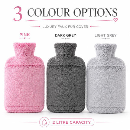 2L Hot Water Bottle with Luxury Faux Fur Cover & Hand Warmer Pocket, Soft Winter Heat Bag with Secure Screw Cap for Bed, Sofa, Back, Tummy, Hands & Feet – Pink, Dark Grey, Light Grey