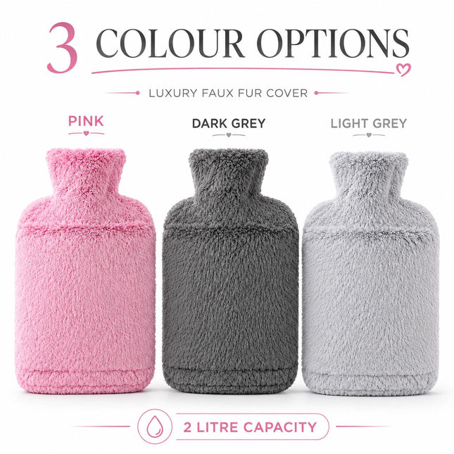 2L Hot Water Bottle with Luxury Faux Fur Cover & Hand Warmer Pocket, Soft Winter Heat Bag with Secure Screw Cap for Bed, Sofa, Back, Tummy, Hands & Feet – Pink, Dark Grey, Light Grey