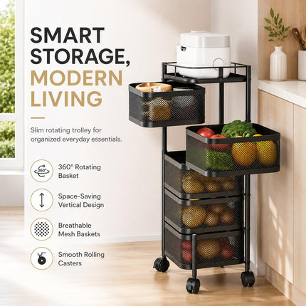Rotating Storage Rack Trolley Cart – 360° Kitchen & Bathroom Organizer with Wheels
