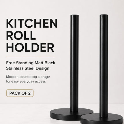 Kitchen Roll Holder Pack of 2 Free Standing Matt Black Stainless Steel Paper Towel Stand Countertop Holder 31.8cm