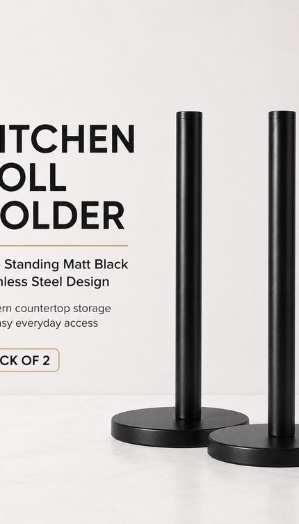 Kitchen Roll Holder Pack of 2 Free Standing Matt Black Stainless Steel Paper Towel Stand Countertop Holder 31.8cm