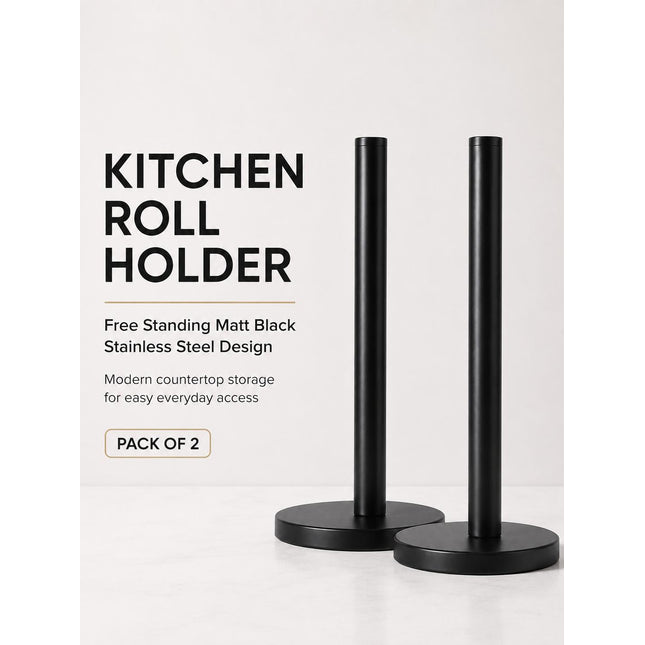 Kitchen Roll Holder Pack of 2 Free Standing Matt Black Stainless Steel Paper Towel Stand Countertop Holder 31.8cm