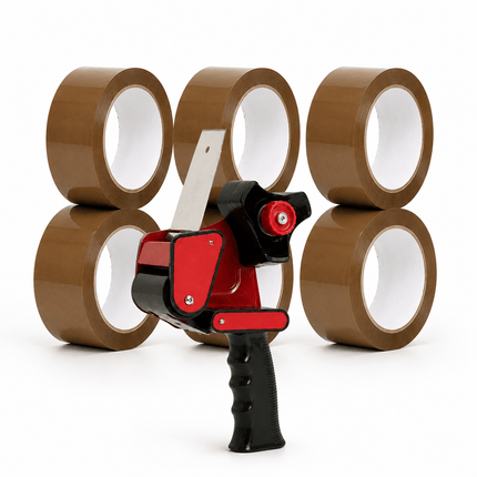 6 Rolls Brown Packing Tape with Tape Gun Dispenser 48mm x 66m, Parcel Sealing Tape for Boxes, Moving, Shipping and Packaging