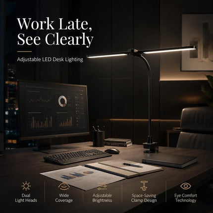 Dual Head LED Desk Lamp with Clamp, Touch Dimming, 5 Color Modes, Flexible Arm, Black Warm to Cool Reading Light for Home Office