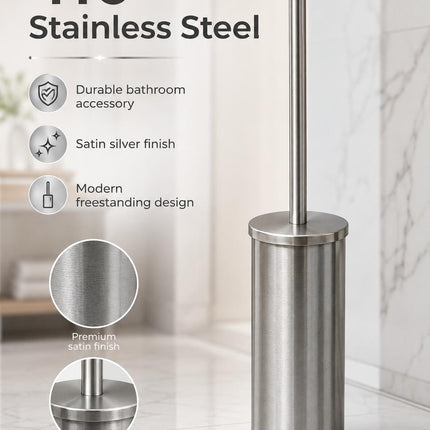 Stainless Steel Toilet Brush & Holder Set Pack of 2 Long Handle Bathroom WC Cleaning Brush Freestanding Silver