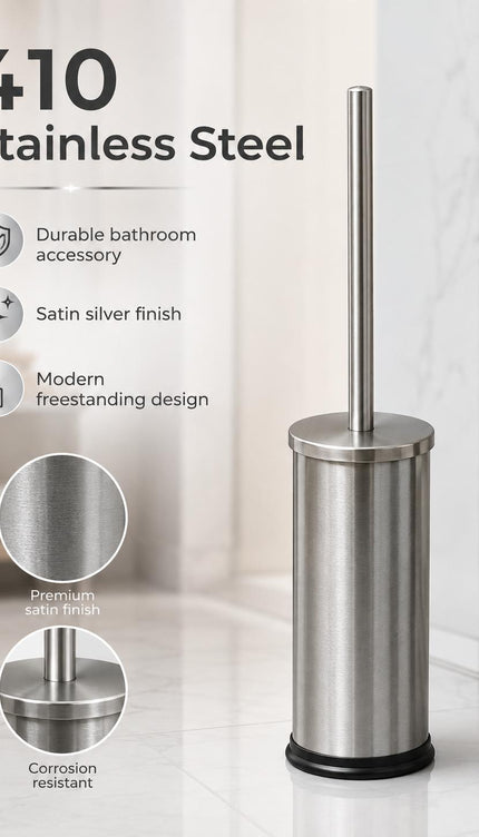 Stainless Steel Toilet Brush & Holder Set Pack of 2 Long Handle Bathroom WC Cleaning Brush Freestanding Silver