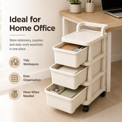 Storage Trolley 3 Tier Drawer Cabinet Plastic on Wheels for Kitchen Bathroom Bedroom Home Office Organisation