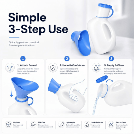Pack of 2 Unisex 1L Urinal Bottles with Lid & Funnel – Portable Emergency Pee Bottle, Reusable Travel Urine Container for Men & Women, Camping, Car Travel, Bedside Toilet Aid & Home Care