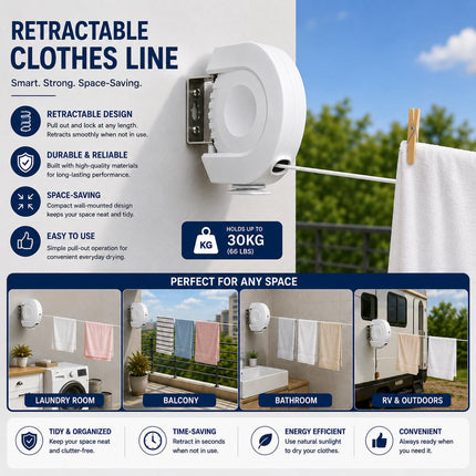 Single 15M Retractable Clothes Line 15KG Heavy Duty Washing Line Wall Mounted Extendable Dryer