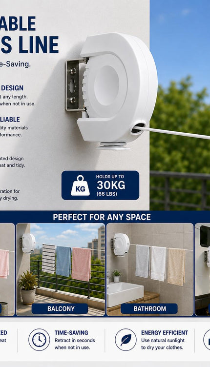 Single 15M Retractable Clothes Line 15KG Heavy Duty Washing Line Wall