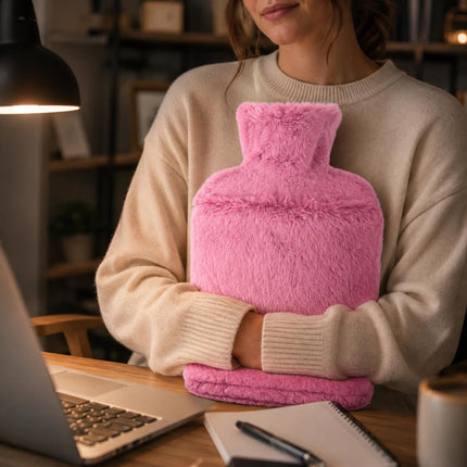 2L Hot Water Bottle with Soft Faux Fur Cover Pink Leakproof Warm Water Bottle Winter Warmer Heat Therapy for Back Pain, Period Cramps & Muscle Relief
