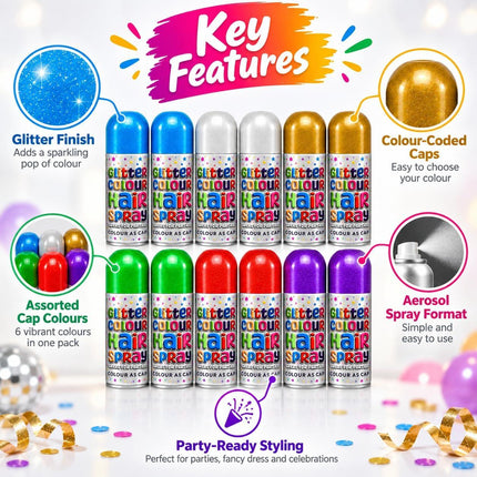 Pack of 12 Temporary Hair Colour Spray 200ml Washable Glitter Classic for Special Occasion Fancy Dress Up Hairspray Can for Parties Festivals Halloween - Haircare