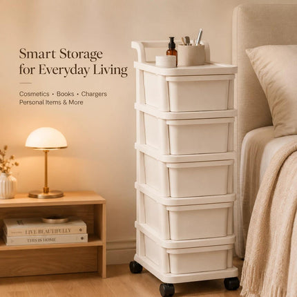 5 Tier Storage Trolley Plastic Drawer Cabinet on Wheels for Kitchen Bathroom Bedroom Home Office Organisation