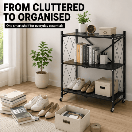3 Tier Folding Storage Shelf Rack with Wheels, Freestanding Black Metal Shelving Unit, Foldable Mobile Organiser for Kitchen, Living Room, Bedroom, Office and Utility Room, Medium Size