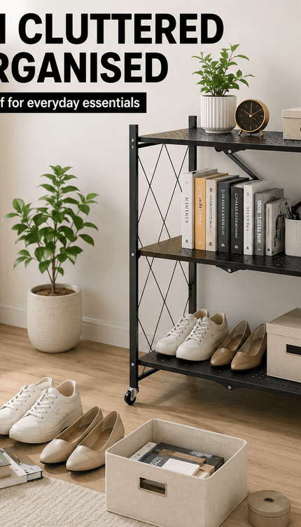 3 Tier Folding Storage Shelf Rack with Wheels, Freestanding Black Metal Shelving Unit, Foldable Mobile Organiser for Kitchen, Living Room, Bedroom, Office and Utility Room, Medium Size