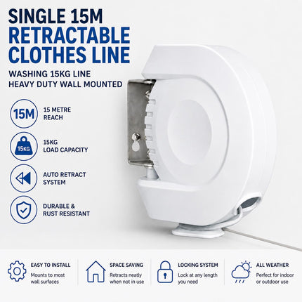 Retractable Clothes Reel Wall Mounted Drying Line 12m 15m 26m 30m Indoor Outdoor Laundry Airer Space Saving