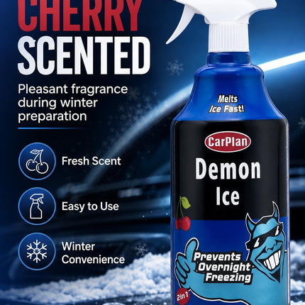 1L Car Demon Ice Spray Fast Acting Frost Ice Remover & Preventer for Frozen Windscreens Windows Cherry Scent Winter
