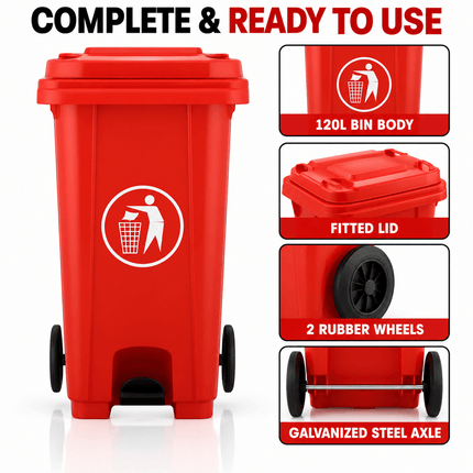 120L Red Outdoor Wheelie Bin with Lid, Heavy Duty HDPE Waste Rubbish Dustbin with Rubber Wheel
