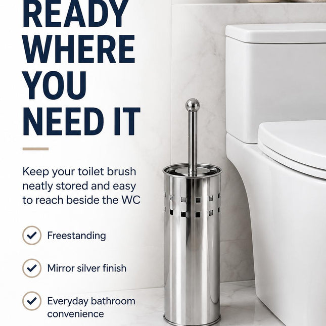 Toilet Brush With Holder Stainless Steel Bathroom WC Cleaning Brush Freestanding Silver White 38cm