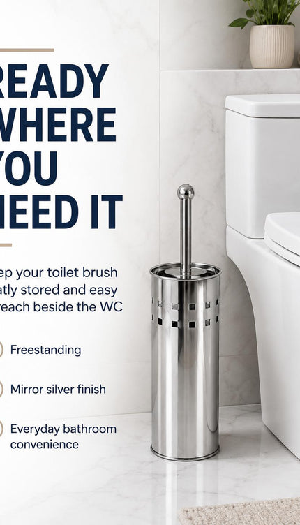 Toilet Brush With Holder Stainless Steel Bathroom WC Cleaning Brush Freestanding Silver White 38cm