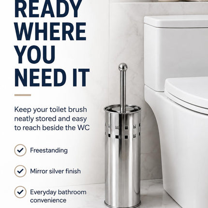 Toilet Brush With Holder Pack of 2 Stainless Steel Bathroom WC Cleaning Brush Freestanding Silver White 38cm