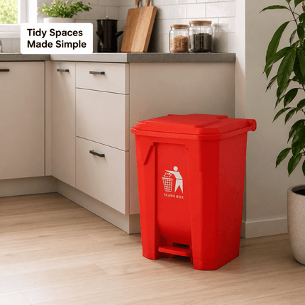 50L Pedal Trash Bin with Lid, Red PP5 Plastic Waste Bin, Hands-Free Foot Operated Rubbish Bin for Kitchen, Bathroom, Bedroom, Office & Workspace, Approx. 40.3 × 38.2 × 56.8 cm