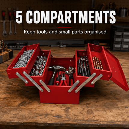Portable Metal Tool Box with Carry Handle & 5 Compartments, 30kg capacity Multi-Purpose Tool Storage Chest