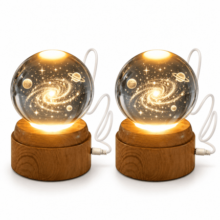 3D Tree of Life Crystal Ball LED Decorative Lamp, 6cm Glass Globe with 360° Rotating Wooden-Effect Base, Warm White USB Powered Ornament, Pack of 2