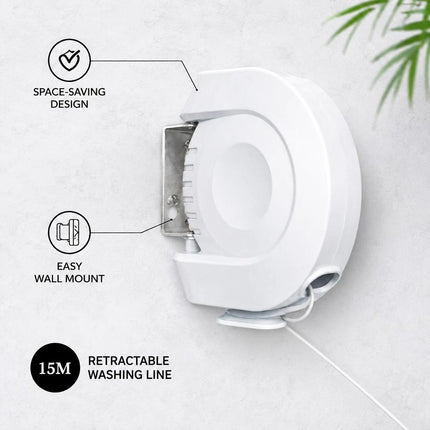 Single 15M Retractable Clothes Line 15KG Heavy Duty Washing Line Wall Mounted Extendable Dryer