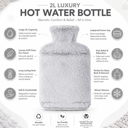 2L Hot Water Bottle with Soft Faux Fur Cover Light Grey Leakproof Winter Warmer Long Lasting Heat Pain Relief for Back, Neck & Period Cramps