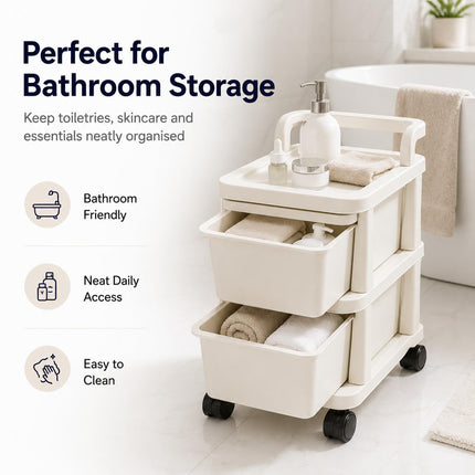 2 Tier Mobile Drawer Cabinet Storage Trolley Plastic with Castor Wheels for Home Office Kitchen and Bathroom