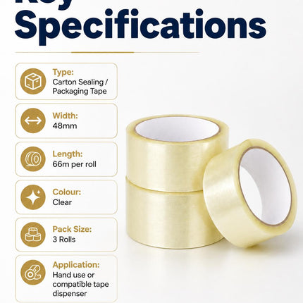 Packing Tape Clear Parcel Box Sealing Tape 3 Rolls Heavy Duty for Packaging Moving House & Storage 48mm x 66m