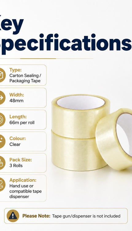 Clear Heavy Duty Parcel Box Sealing Tape – 3 Rolls, 48mm × 66m