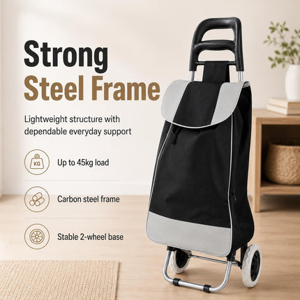 Shopping Trolley 35L Folding Lightweight 2 Wheel Cart with Large Waterproof Bag for Groceries Travel and Storage Black