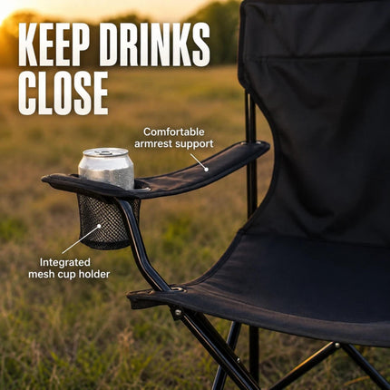 Folding Camping Chair with Cup Holder Black Portable Lightweight Outdoor Chair Steel Frame Polyester Seat for Garden, Beach, Picnic, Fishing & Festivals, Supports Up to 110KG