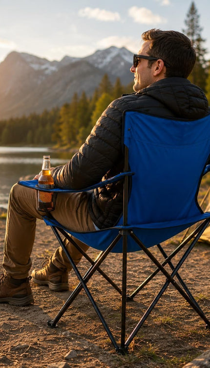 Folding Camping Chair with Cup Holder Black Portable Lightweight Outdoor Chair Steel Frame Polyester Seat for Garden, Beach, Picnic, Fishing & Festivals, Supports Up to 110KG