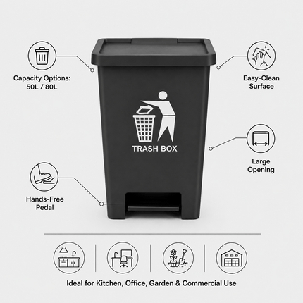 Pedal Waste Bin, 50L or 80L Rubbish Container for Kitchen, Office and Utility Areas