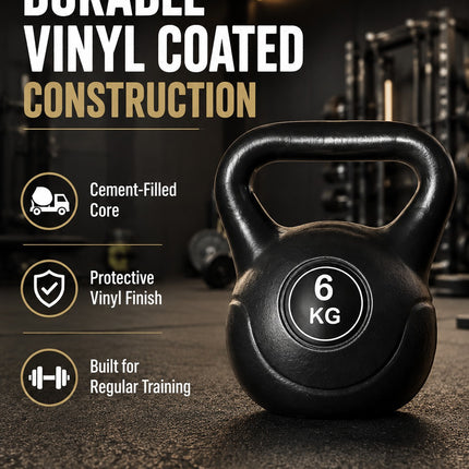Vinyl Kettlebell Weight 4KG–20KG, Cast Iron Strength Training Equipment with Wide Grip Handle & Stable Flat Base, Free Weight for Home Gym, Squats, Swings and Full Body Workouts